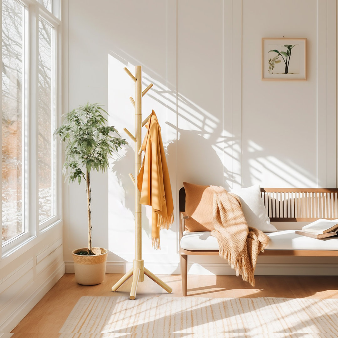 Adosinda 8 - Hook Freestanding Adjustable Solid Wood Coat Rack for Bedroom, Closet, Entrance